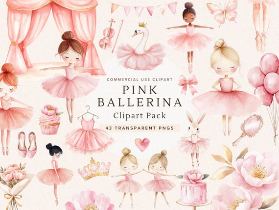 Swan & Ballerina Clipart | Cute Ballet Watercolor | Pink Little Ballerina PNG, Digital Download for Nursery Decor, Swan Lake Birthday Invite