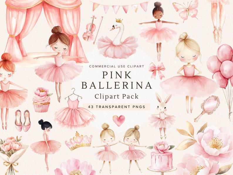 May include: A set of 43 pink ballerina clipart images. The images include ballerinas, swans, butterflies, cupcakes, flowers, crowns, and more. The images are perfect for creating invitations, cards, and other crafts.