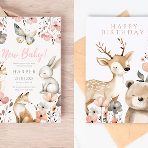 May include: Two invitation cards with a woodland theme. The first card is a baby shower invitation with a pink background and the text "New Baby!" and "HARPER". The second card is a birthday card with a white background and the text "HAPPY BIRTHDAY!" Both cards feature illustrations of a deer, a rabbit, a fox, and a bear.