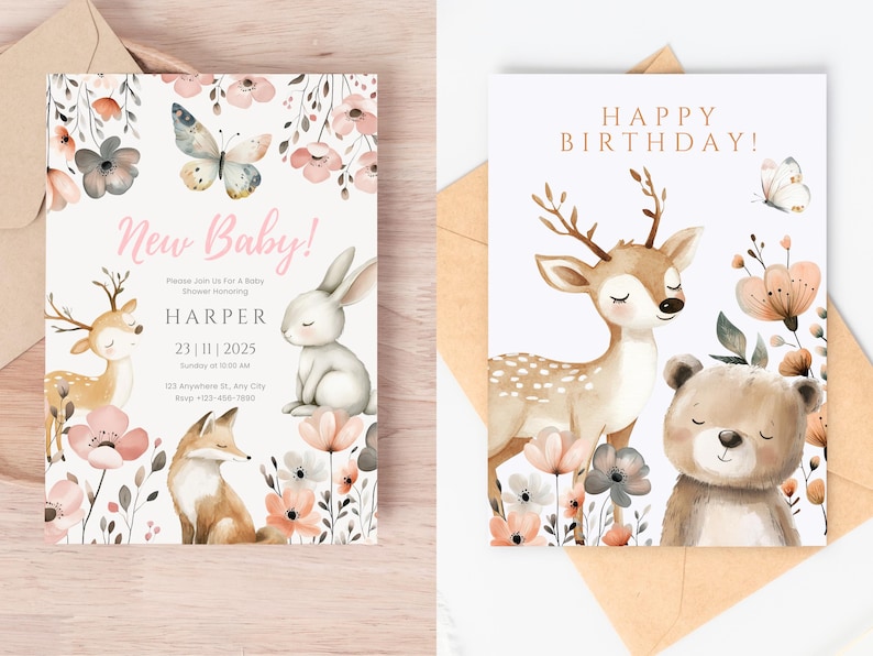 May include: Two invitation cards with a woodland theme. The first card is a baby shower invitation with a pink background and the text "New Baby!" and "HARPER". The second card is a birthday card with a white background and the text "HAPPY BIRTHDAY!" Both cards feature illustrations of a deer, a rabbit, a fox, and a bear.
