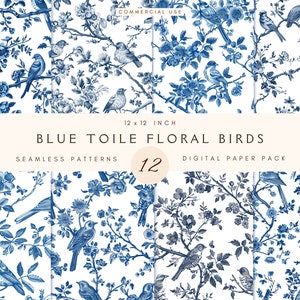 Motif floral sans couture d'oiseaux en toile bleue | Utilisation commerciale png | Papiers numériques | Bibliothèque du siècle | Télécharger | Journal indésirable | Toile de Jouy