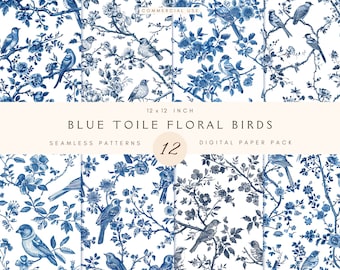 Blue Toile Floral Birds Seamless Pattern | Commercial Use Png | Digital Papers | Century Library | Download | Junk Journal |Toile De Jouy