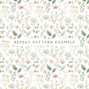 May include: A watercolor floral pattern featuring a variety of flowers in shades of pink, yellow, and white, with green foliage, set against a white background. The text "REPEAT PATTERN EXAMPLE" is displayed in black.