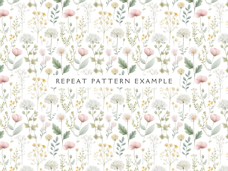 May include: A watercolor floral pattern featuring a variety of flowers in shades of pink, yellow, and white, with green foliage, set against a white background. The text "REPEAT PATTERN EXAMPLE" is displayed in black.