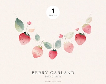 Clipart de guirlande de baies | Clipart doux aux baies | Fraise à l'aquarelle | Baby shower PNG | Premier anniversaire, graphismes à usage commercial | Numérique