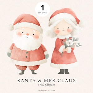Santa and Mrs Claus Clipart | Cute Holiday PNG, Digital Download for Christmas Crafts, Watercolor Illustration, Winter Holiday, Scrapbooking