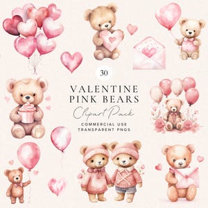 Pink Valentine Bears Clipart | Watercolor Bear Clipart | Valentine&#39;s Day Clip Art | Cute Bear Clipart | Teddy Bear | Commercial Use