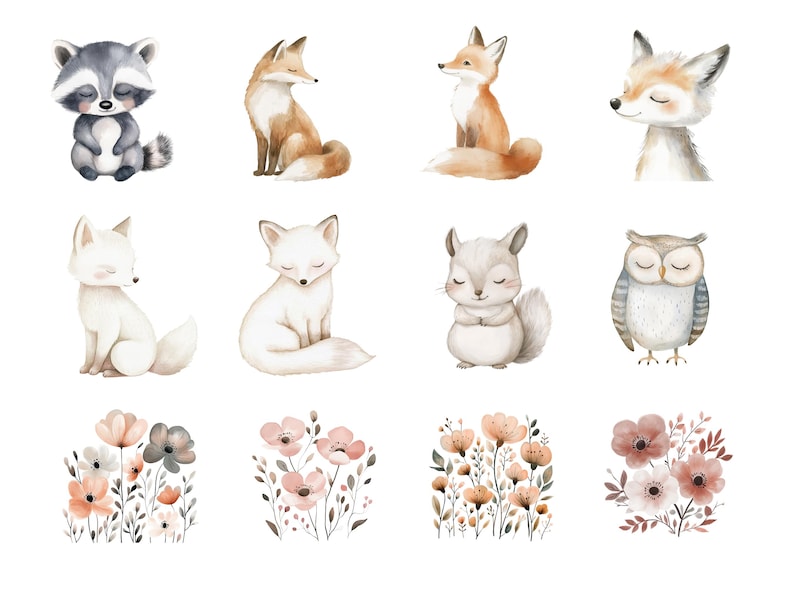 May include: Watercolor illustrations of various woodland animals, including a raccoon, foxes, a squirrel, an owl, and white foxes. The illustrations are surrounded by delicate floral arrangements with pink and brown flowers.
