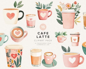 Valentinstag Clipart | Aquarell Cafe Latte | Kaffeebecher | Kaffeeliebhaber | Herz | Grußkarte | Kommerzielle Nutzung | Digitaler Download