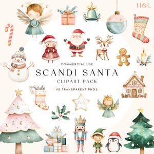 Clipart Père Noël scandinave | Aquarelle de Noël | Bonhomme de neige | Ange | Vacances nordiques | Mignons personnages de Noël PNG | Noël minimaliste | Journal indésirable