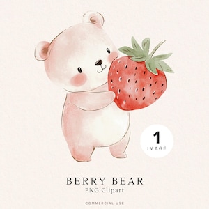 Clipart ours rouge | Joli bébé ours PNG | Premier anniversaire | Fête des fraises | Aquarelles pour baby showers et faire-part | Numérique