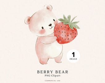 Clipart ours rouge | Joli bébé ours PNG | Premier anniversaire | Fête des fraises | Aquarelles pour baby showers et faire-part | Numérique