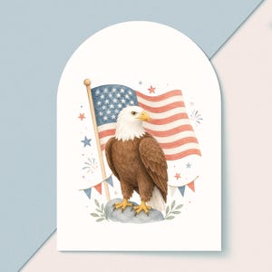 May include: Watercolor illustration of an American bald eagle with brown feathers, white head, and yellow beak. The eagle stands before a waving American flag with red and white stripes and blue stars. Red, white, and blue stars and bunting complete the patriotic design.
