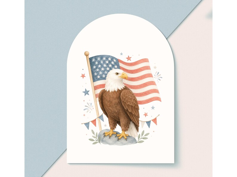 May include: Watercolor illustration of an American bald eagle with brown feathers, white head, and yellow beak. The eagle stands before a waving American flag with red and white stripes and blue stars. Red, white, and blue stars and bunting complete the patriotic design.