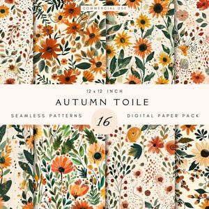 Lot de motifs sans couture d'automne | Papier numérique floral PNG | Lot de graphismes | Couleurs d'automne | Feuille d'automne | Contexte | Motif répété