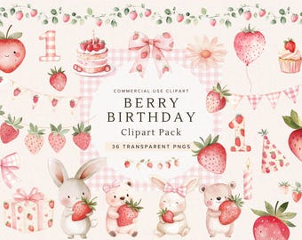 Berry First Birthday Clipart | Watercolor Strawberry PNG | Cute Fruit | Gingham Baby Shower | 1st Birthday Party Graphics | Digital Download