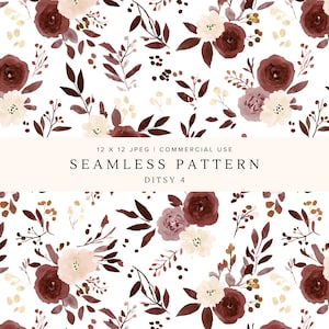 May include: Seamless floral pattern featuring watercolor roses in burgundy, mauve, and cream hues, with dark brown leaves and accents on a white background. The text "SEAMLESS PATTERN DITSY 4" is displayed.