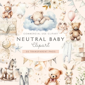 Clipart baby shower neutre en termes de genre | Ours en peluche mignon | Téléchargement instantané | Lot de graphismes aquarelle | Utilisation commerciale | PNG transparents