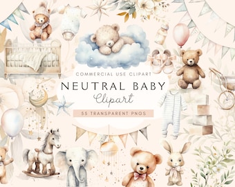 Clipart Gender Neutral Babyparty | Süßer Teddybär | Sofortdownload | Aquarell Grafiken bündeln | Kommerzielle Nutzung | Transparente PNG Dateien
