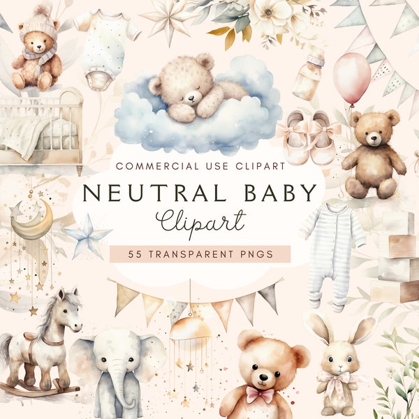 Clipart Gender Neutral Baby Shower | Cute Teddy Bear | Instant Download | Watercolour Graphics Bundle | Commercial Use | Transparent PNGs