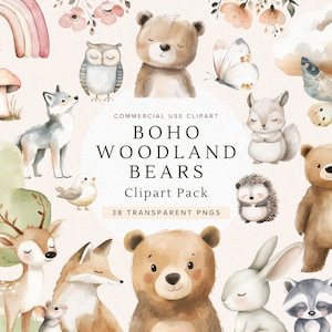 Ours des bois Boho Clipart | Animaux de la forêt fantaisistes | Aquarelle PNG pour Baby Shower | Art pour chambre d'enfant | Joli bébé ours | Téléchargement numérique
