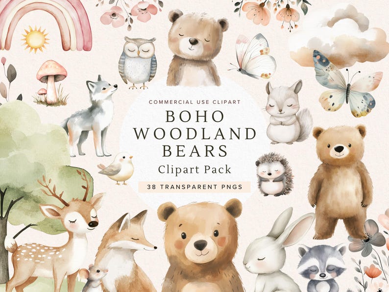 May include: A digital clipart pack featuring 38 watercolor illustrations of woodland animals, including bears, deer, foxes, and a wolf. The illustrations are in a boho style with soft colors and a whimsical feel. The text "Boho Woodland Bears Clipart Pack" is included in the image.