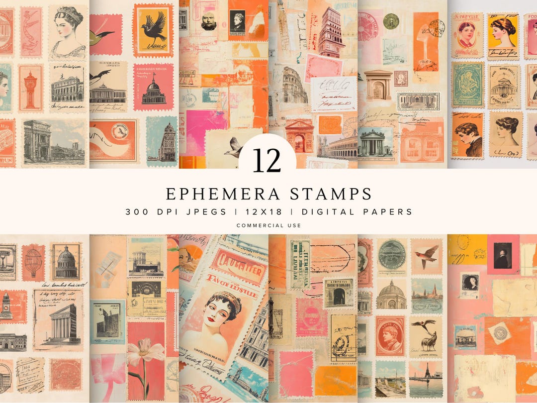 Ephemera Stamps Digital Paper | Torn Paper Collage Sheets | Vintage ...