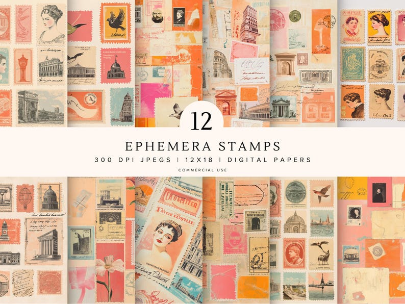 Ephemera Stamps Digital Paper | Torn Paper Collage Sheets | Vintage ...