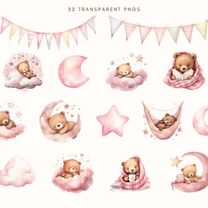 Sleeping Teddy Bears Clipart | Pink | Watercolor Baby Bear | Clip Art ...
