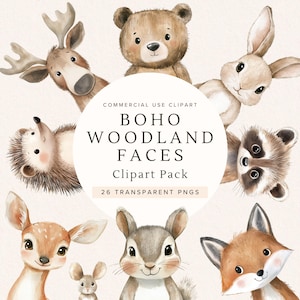 Woodland Friends Clipart | Rostos fofos de animais da floresta | Animais bebês | PNGs de chá de bebê | Decoração de berçário boho | Criaturas da floresta em aquarela