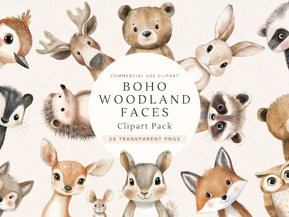 Woodland Friends Clipart | Cute Forest Animal Faces | Baby Animals | Baby Shower PNGs | Boho Nursery Decor | Watercolor Woodland Creatures