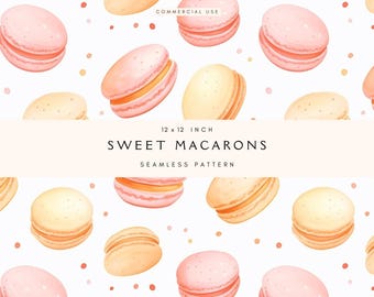 Modèle sans couture | Macarons sucrés | Papier numérique | Papier pour scrapbooking | Boulangerie | Motif répétitif | Pâtisserie | Rose et jaune | Utilisation commerciale