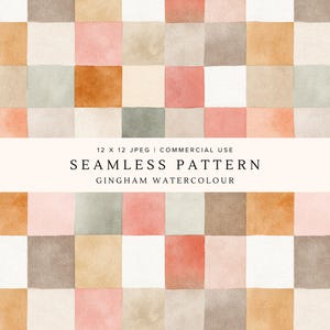 May include: Watercolor gingham pattern in a grid design. The pattern features squares in shades of pink, peach, tan, gray, and white. The text "SEAMLESS PATTERN GINGHAM WATERCOLOUR" is displayed across the center.