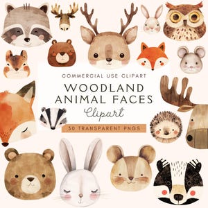 Boho Woodland Animal Clipart Aquarela | Rostos de animais | Criaturas da floresta | Arte de parede de berçário | Download digital | Decoração fofa para chá de bebê
