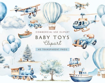 Baby Boy Toys Clipart, Baby Shower Set, Nursery, Newborn | Instant Download | Watercolour Graphics Bundle | Commercial Use | Transparent PNG