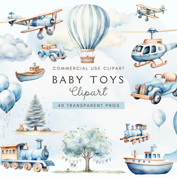 Baby Boy Toys Clipart, Baby Shower Set, Nursery, Newborn | Instant Download | Watercolour Graphics Bundle | Commercial Use | Transparent PNG