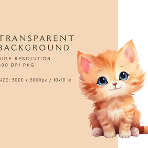 May include: A digital illustration of a cute orange tabby kitten with blue eyes. The kitten is sitting with its paws tucked under its body and looking up at the viewer. The background is transparent.