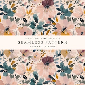May include: A seamless pattern featuring abstract floral motifs in shades of blush pink, deep plum, teal, and mustard yellow on a light cream background. The text 12 X 12 JPEG | COMMERCIAL USE SEAMLESS PATTERN ABSTRACT FLORAL is centered.
