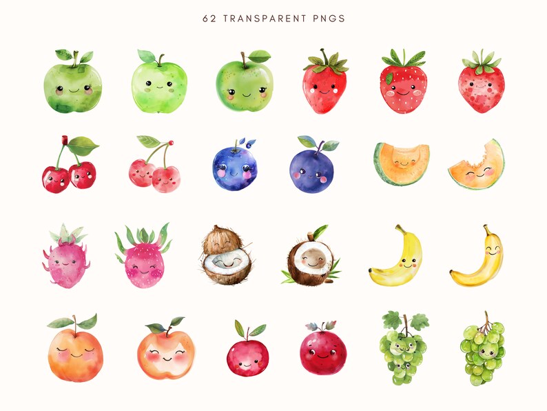 May include: A set of 20 watercolor illustrations of various fruits with cute faces. The fruits include apples, cherries, blueberries, plums, cantaloupe, dragon fruit, coconuts, bananas, peaches, and grapes.