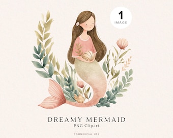 Clipart di sirene pastello / PNG acquerello / Idee per inviti per feste di compleanno per bambini / Arte murale da sogno / Uso commerciale / Download digitale