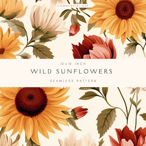 Modèle sans couture de tournesols | Répéter le motif | Fichier extensible | Jaune Couleurs estompées | Papier numérique JPEG | Utilisation commerciale | Téléchargement numérique
