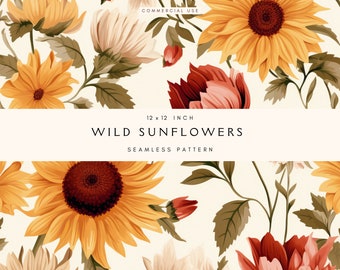Sunflowers Seamless Pattern | Repeat Pattern | Repeating File | Yellow Muted Colors | Digital Paper JPEG | Commercial Use | Digital Download