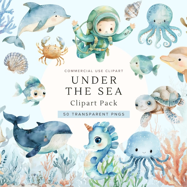 Under The Sea Baby Shower Clipart Bundle | Watercolor Nursery Decor | Ocean Nursery | Nursery Prints |  Nautical | Whale | Turtle | Dolphin