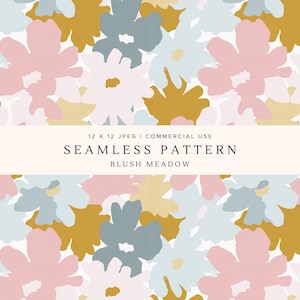 May include: Seamless pattern featuring large, abstract floral shapes in blush pink, muted gold, light blue, and white. The design includes the text "SEAMLESS PATTERN" and "BLUSH MEADOW". This pattern is suitable for commercial use.