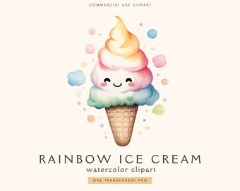 Clipart de helado de arcoíris / Clipart de helado / Lindos dibujos animados Kawaii Png / Pegatinas imprimibles para planificador / Fiesta de helados Cumpleaños / Acuarela / Verano