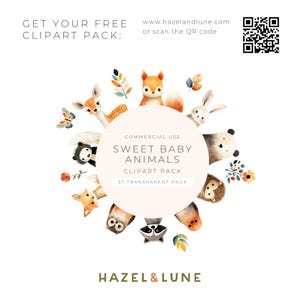Puede incluir: Un conjunto de 37 ilustraciones de acuarela de adorables animales beb&eacute;s, incluyendo un zorro, un b&uacute;ho, un mapache, un ciervo, un conejo, un erizo y un panda. Las ilustraciones son perfectas para crear invitaciones, tarjetas y otras manualidades. El texto en la imagen dice "Sweet Baby Animals Clipart Pack, 37 Transparent PNGs, Commercial Use".