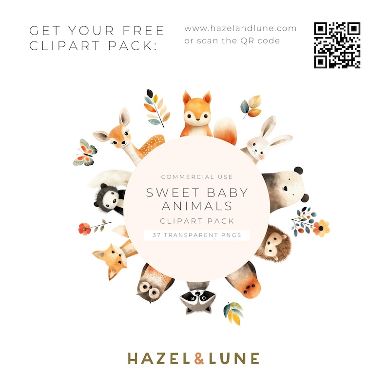 Puede incluir: Un conjunto de 37 ilustraciones de acuarela de adorables animales beb&eacute;s, incluyendo un zorro, un b&uacute;ho, un mapache, un ciervo, un conejo, un erizo y un panda. Las ilustraciones son perfectas para crear invitaciones, tarjetas y otras manualidades. El texto en la imagen dice "Sweet Baby Animals Clipart Pack, 37 Transparent PNGs, Commercial Use".