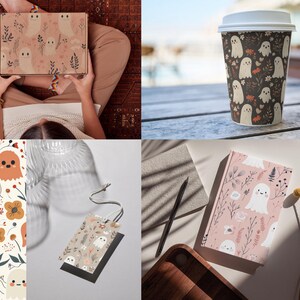 Pu&ograve; includere: Un set di quattro diversi design con un simpatico motivo a fantasmi con accenti floreali. I design sono mostrati su una scatola, una tazza da caff&egrave;, un quaderno e un cartellino regalo. I colori sono rosa, marrone, bianco e giallo.