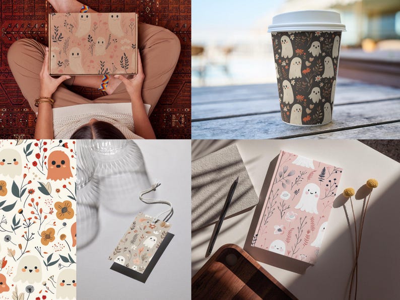 Pu&ograve; includere: Un set di quattro diversi design con un simpatico motivo a fantasmi con accenti floreali. I design sono mostrati su una scatola, una tazza da caff&egrave;, un quaderno e un cartellino regalo. I colori sono rosa, marrone, bianco e giallo.