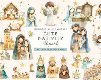 May include: A set of 49 watercolor illustrations featuring a nativity scene with angels, stars, a stable, and a town. The illustrations are in a cute, cartoon style and are perfect for creating Christmas cards, invitations, or other holiday crafts.